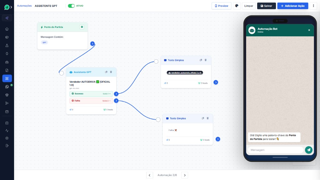Construtor visual de automações da AutoEnvia — bloco Assistente GPT conectado ao WhatsApp, montado arrastando blocos
