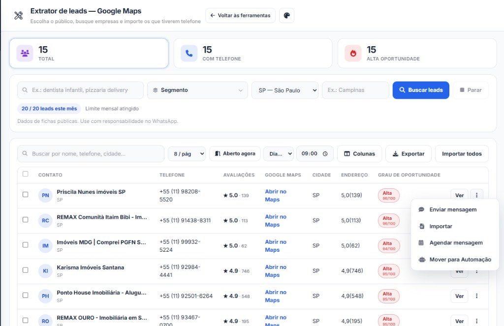 Extrator de leads Google Maps na AutoEnvia — busca por segmento, cidade e importação de contatos com telefone