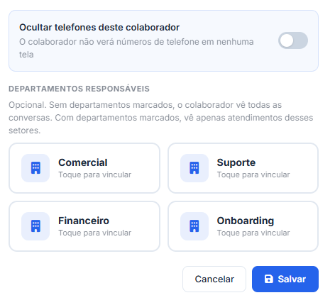 Permissões do colaborador AutoEnvia — ocultar telefones e departamentos responsáveis